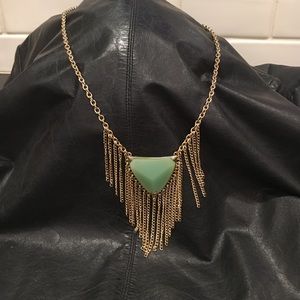 Long gold tone/aqua triangle stone/gold fringe