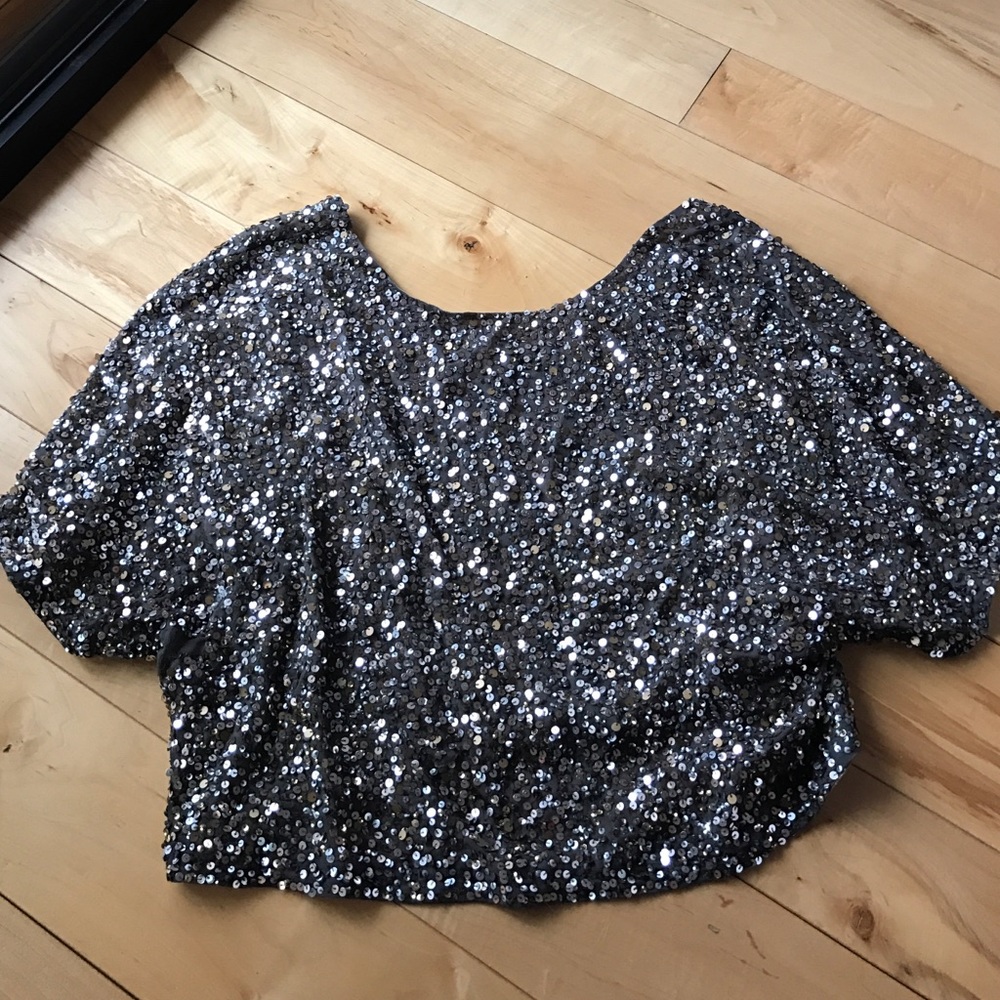 Vince gold, copper, and grey sequin crop top.