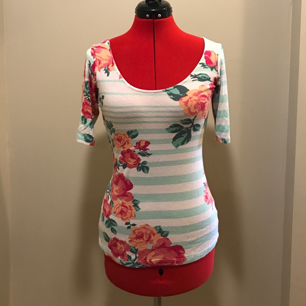Striped and floral tee with swooping back