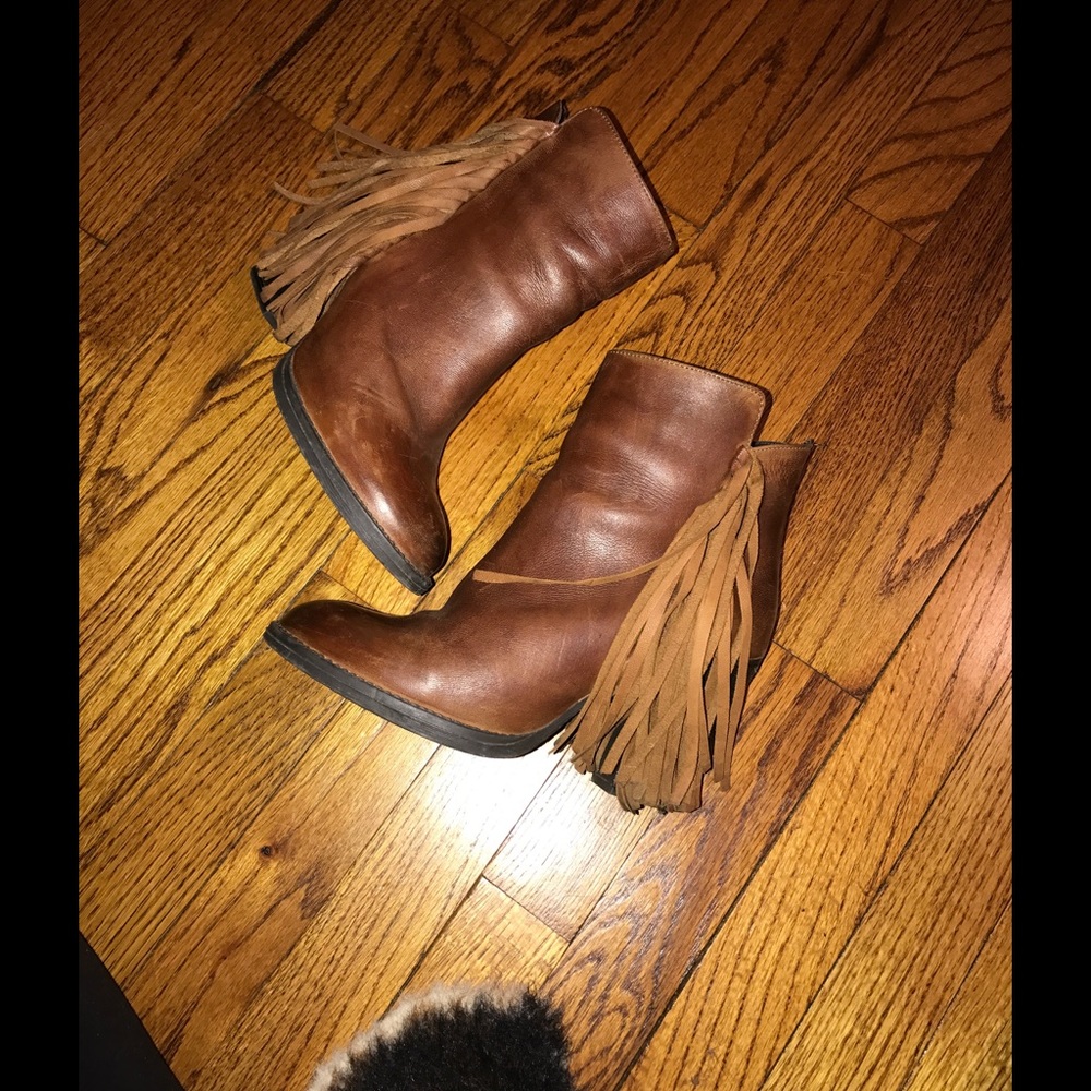 Brown Fringe Wedge Booties