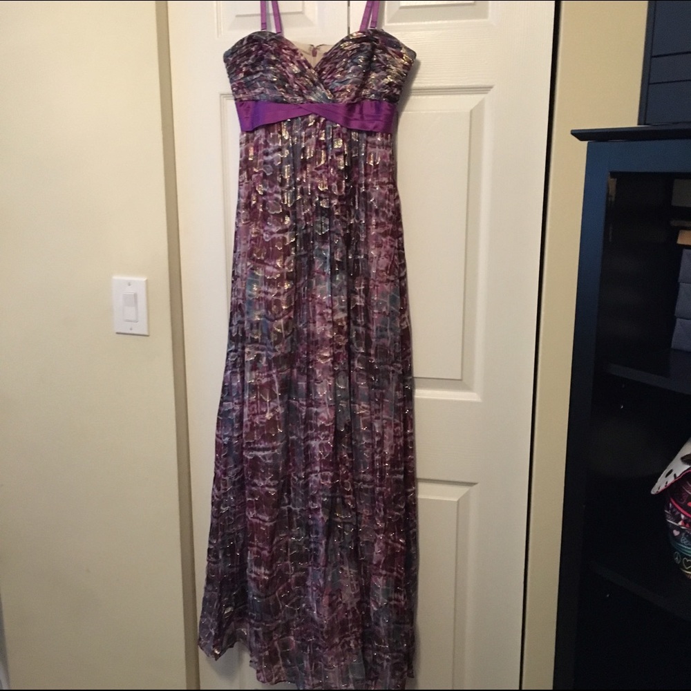 BCBG MaxAzria Violet Metallic Pleated Print Gown