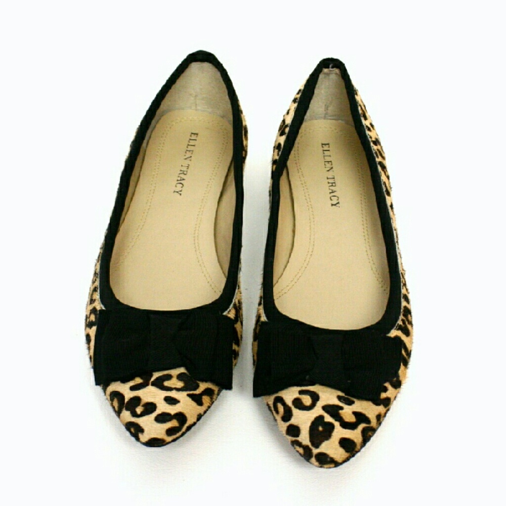 Ellen Tracy Leopard Print Ponyhair Flats with Bow