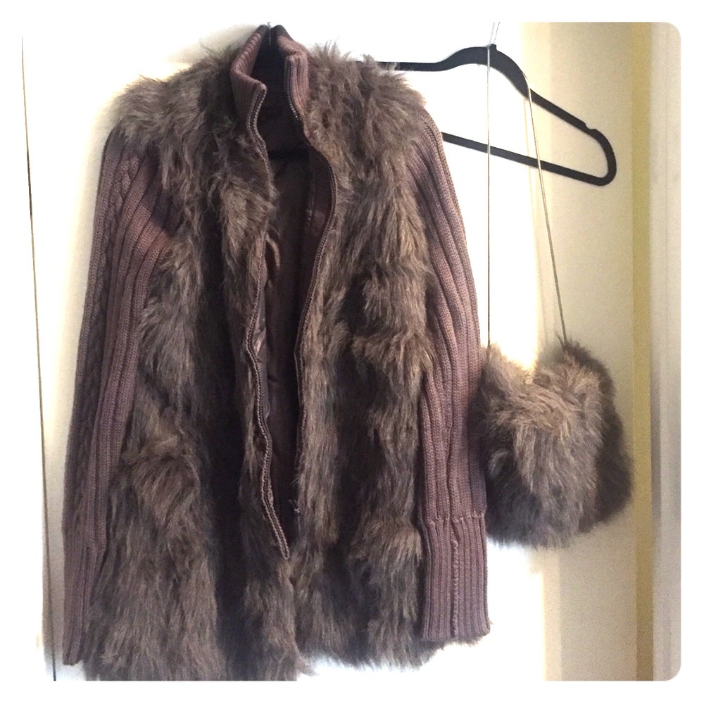 Faux fur sweater and hand warmer.