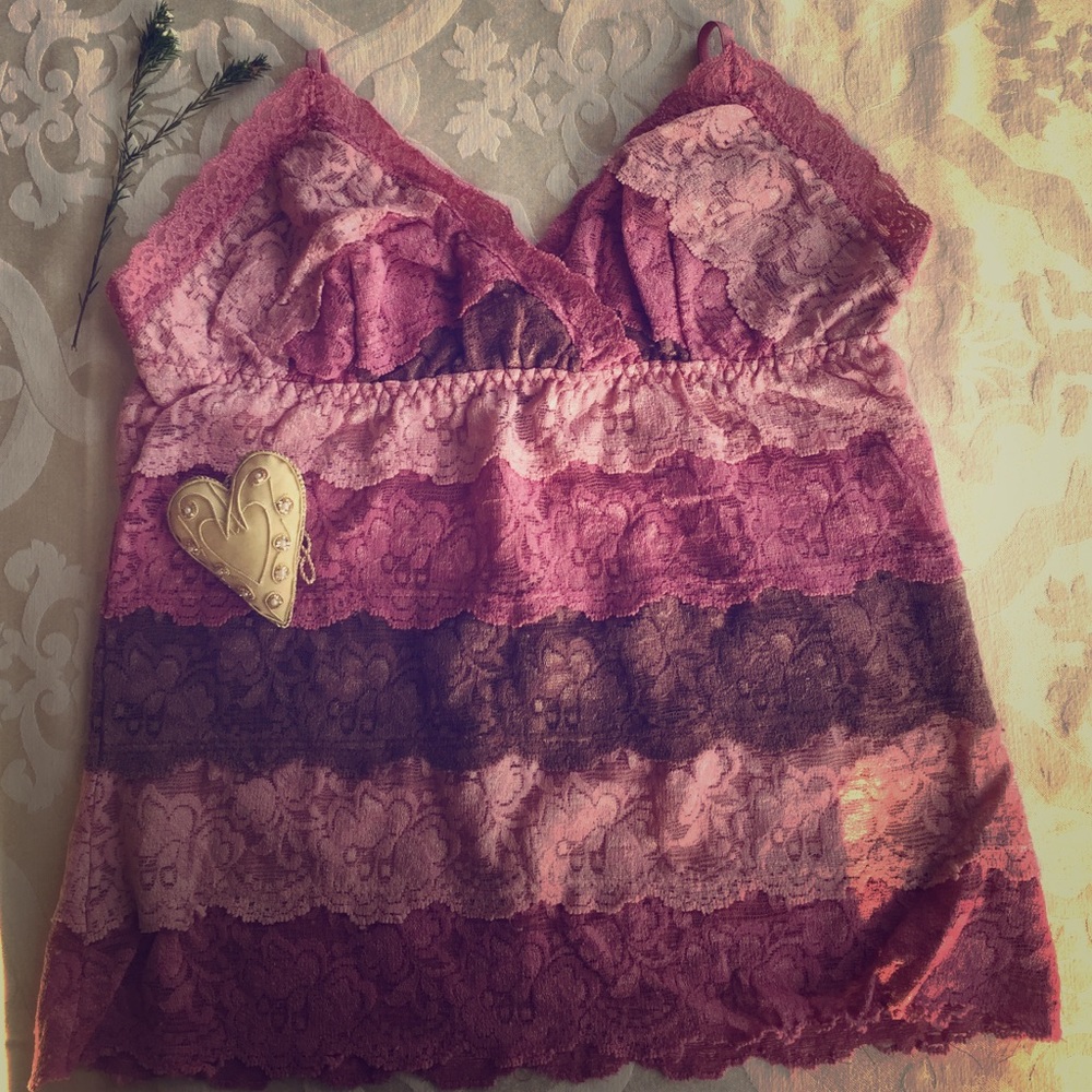 Pinks and brown lace tank top.