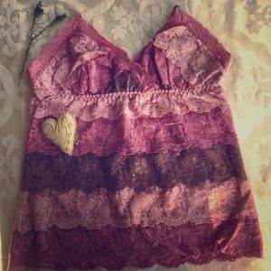 Pinks and brown lace tank top.