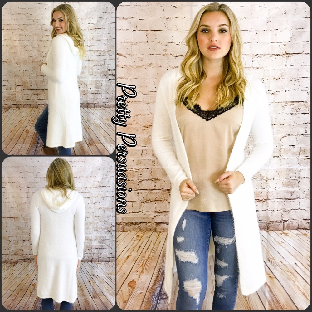 SOLD OUT ‼️White Hooded Fuzzy Cozy Long Cardigan - Picture 1 of 4