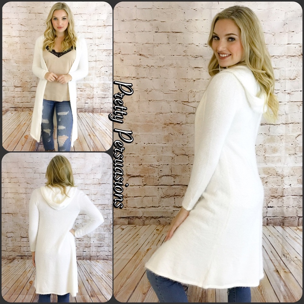 SOLD OUT ‼️White Hooded Fuzzy Cozy Long Cardigan - Picture 2 of 4