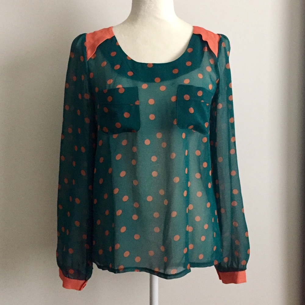 Every green and tan polka dot sheer top
