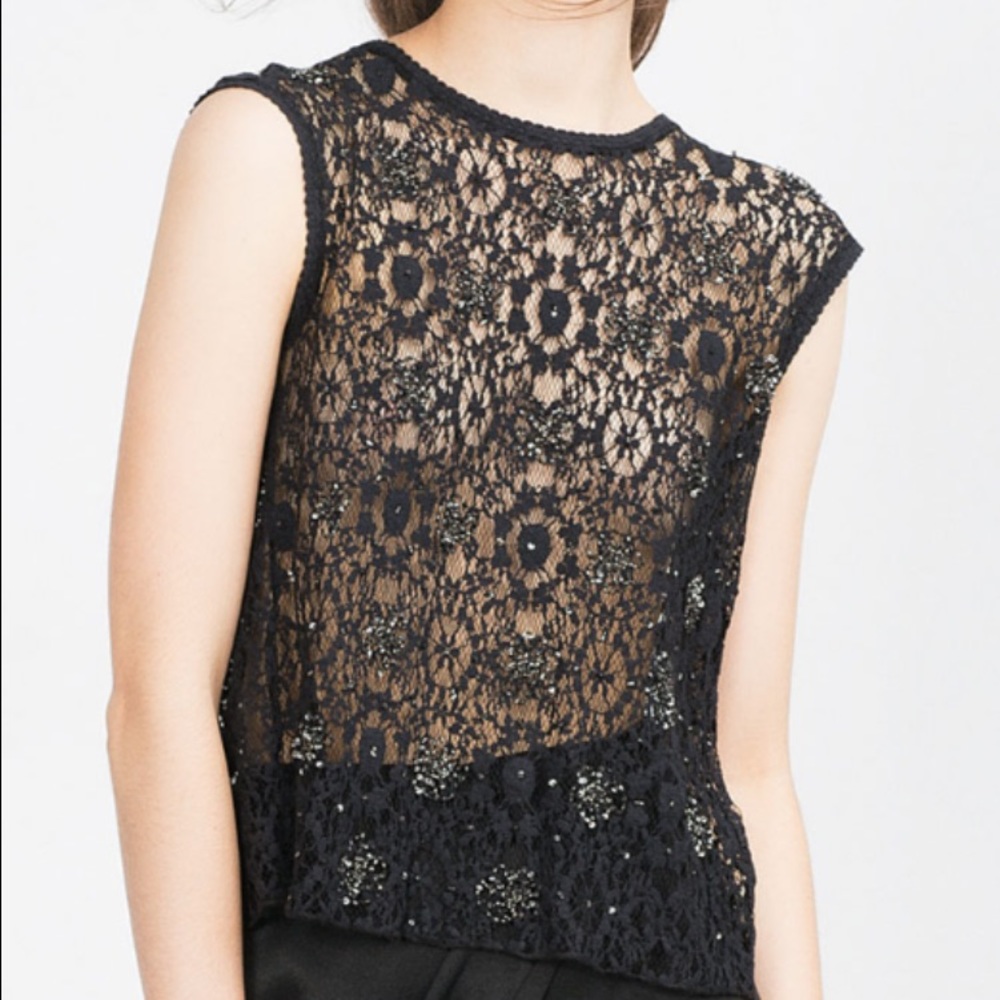Zara Basics Lace Top With Sequin Detail