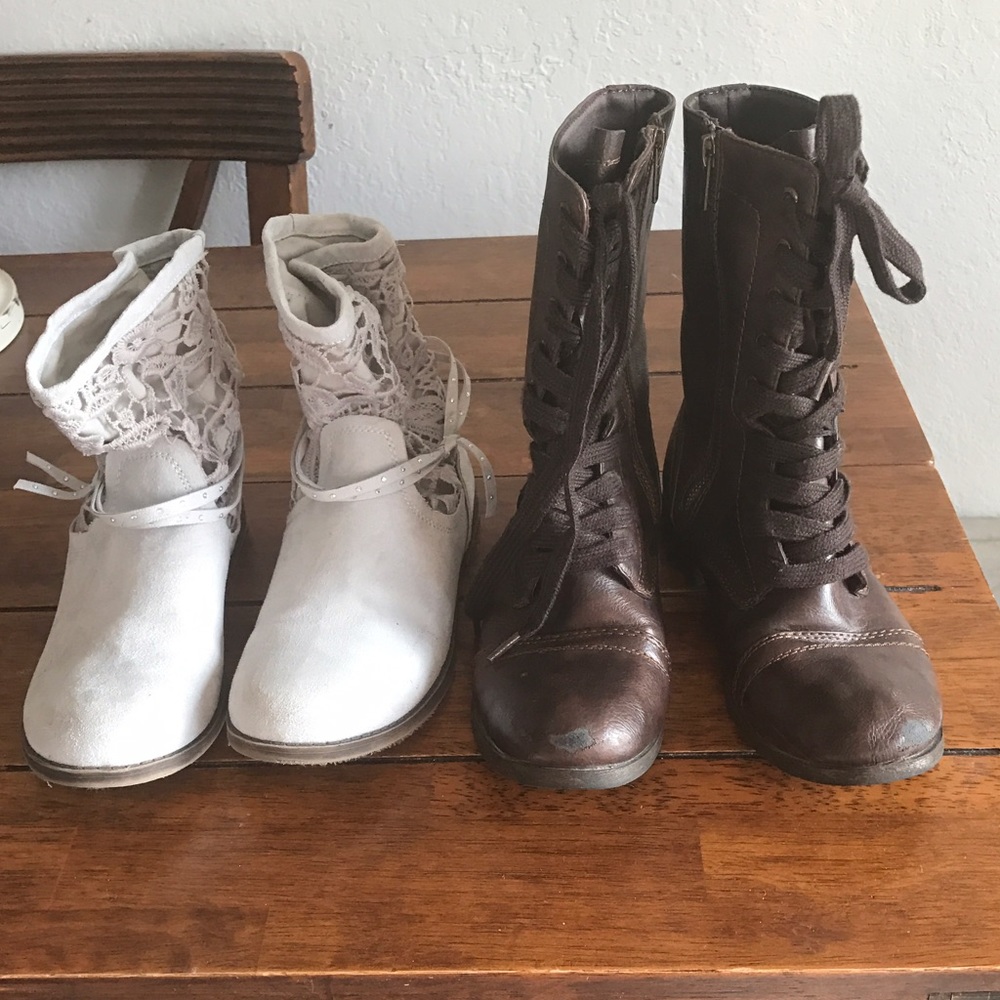 Brown combat boots. Gray ankle boots.