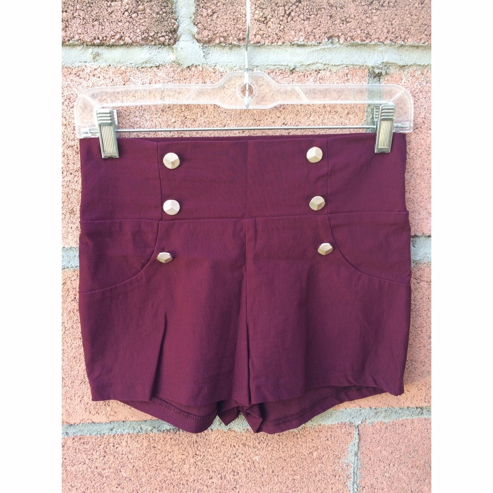 Burgundy High Waisted Gold Button Sailor Shorts