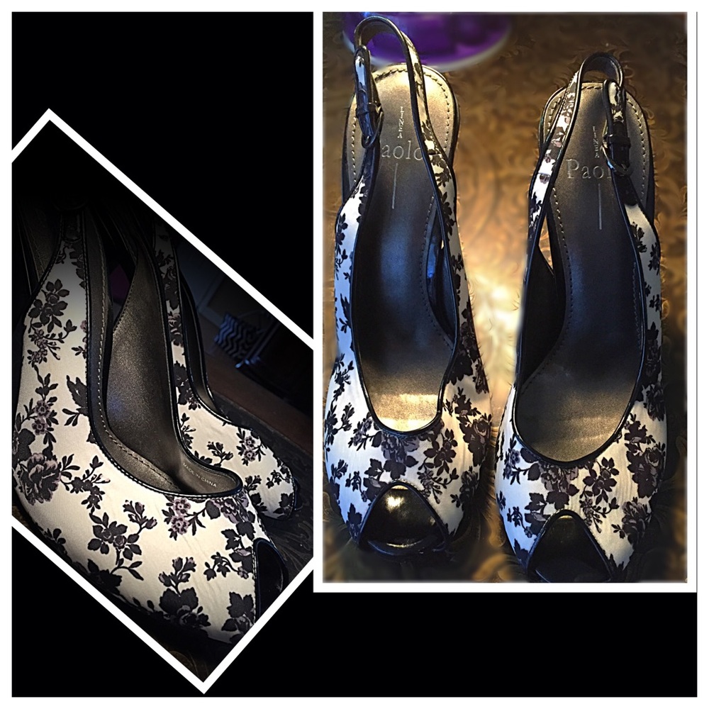 Blk/Wht sling back, peep toe heels, Linea Paolo 11