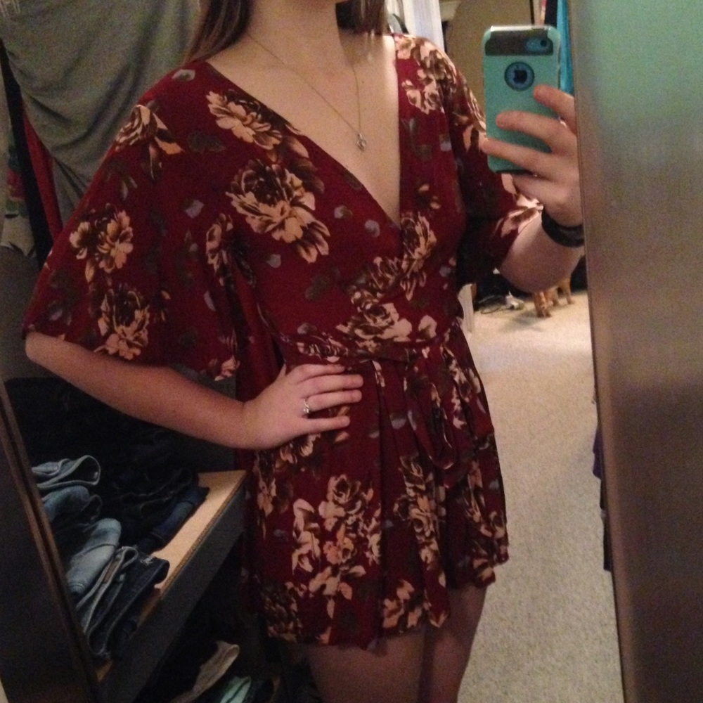 Deep V-neck Red Floral Romper