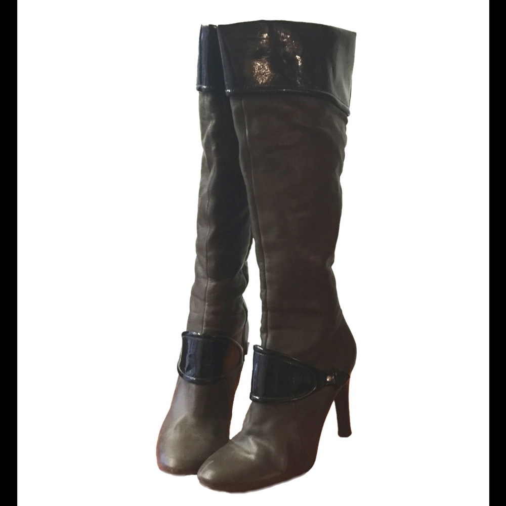 Black and taupe heeled boots