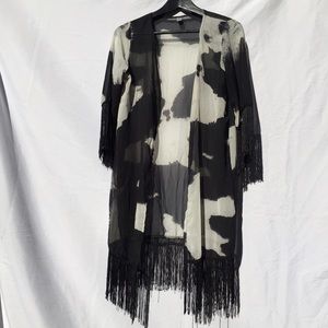 Airy Watercolor Print Kimono with Fringe