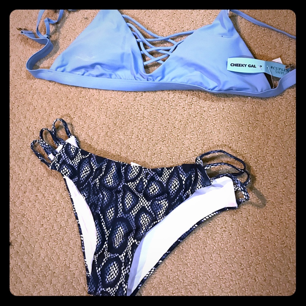 Blue Swimsuit with Patterned Bottoms