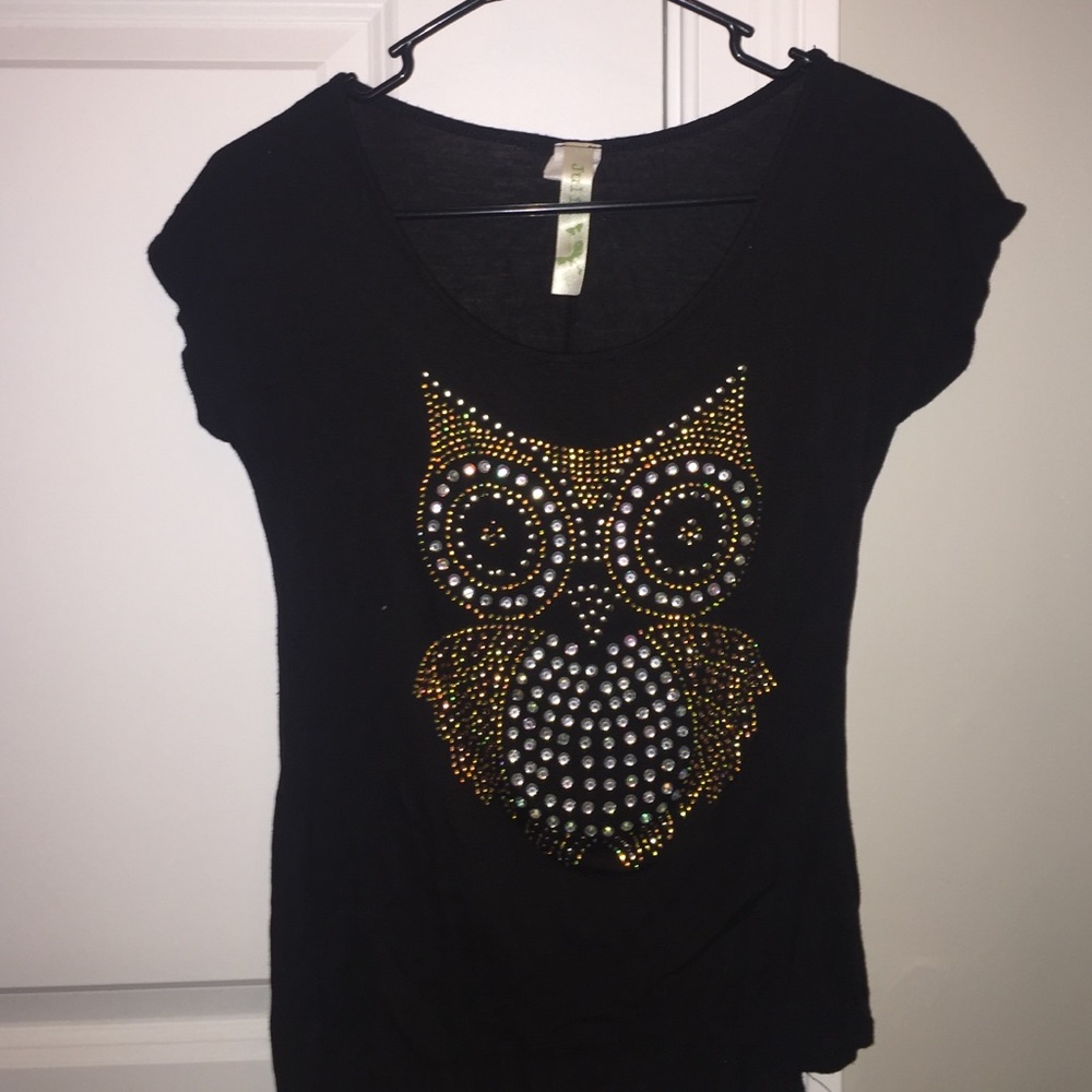 Slightly sheer jeweled owl shirt