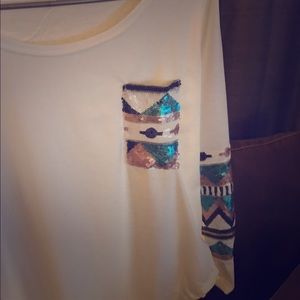 White long sleeve with sequin tribal print