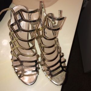Gold open toe heels