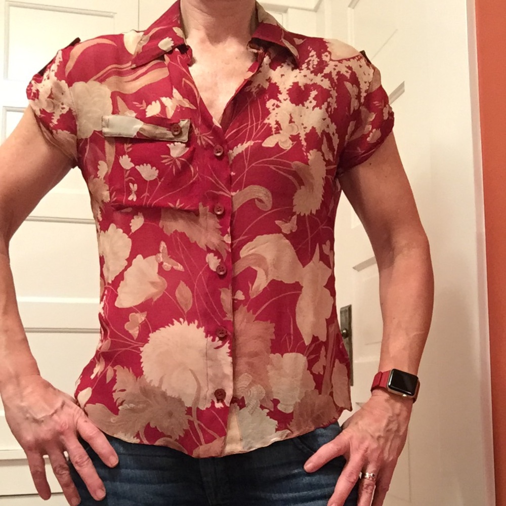 Red floral silk blouse