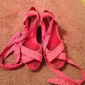 Hot pink polka dot wedge sandals