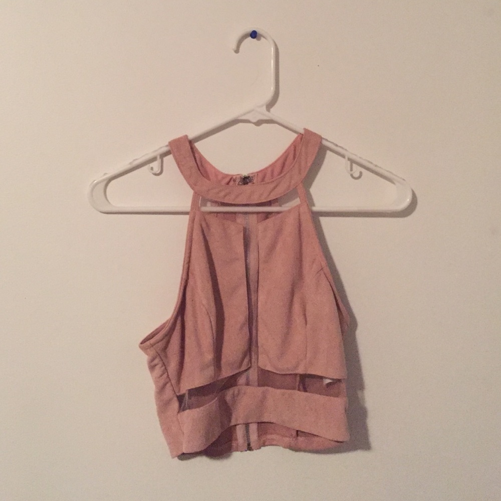 Pink suede panel crop top