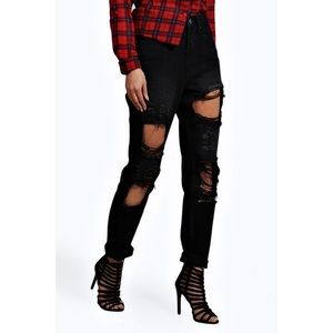 Black Dirty Washed Distressed Mom Jeans