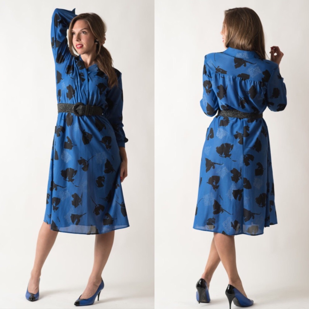 Vintage 1980s Cobalt Blue Black Floral Dress