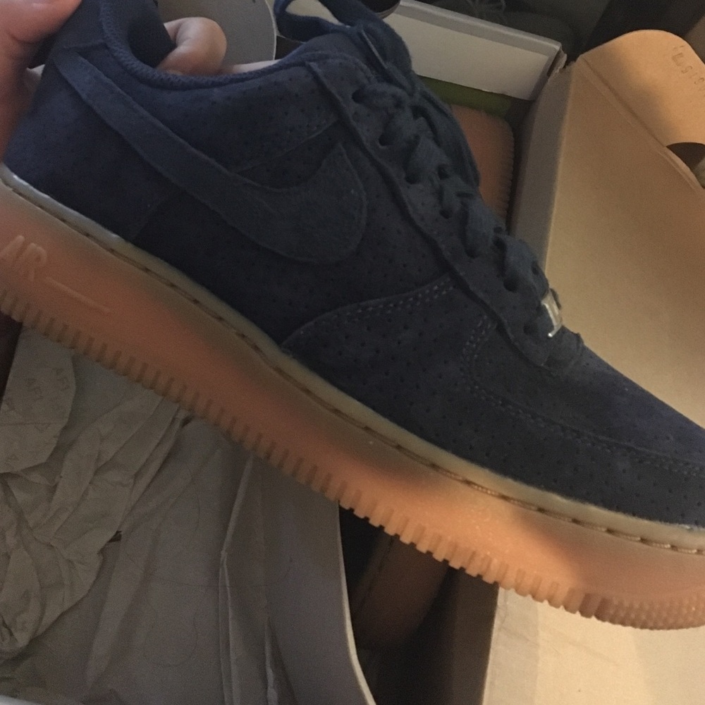 Suede navy blue air force 1 with gum bottom