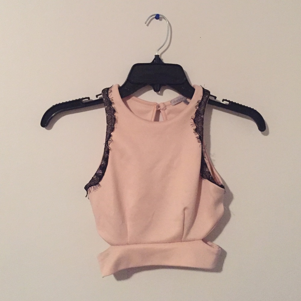 Pink and black lace crop top with cutouts