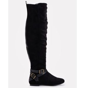 New, black, above knee boots w/ gold buckles.