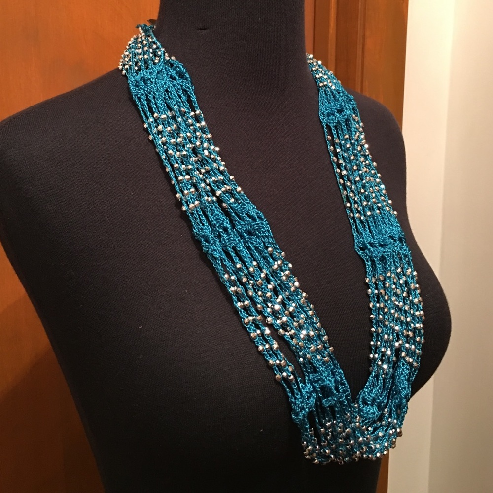 NWT Blue crochet Necklace Scarf with Beads