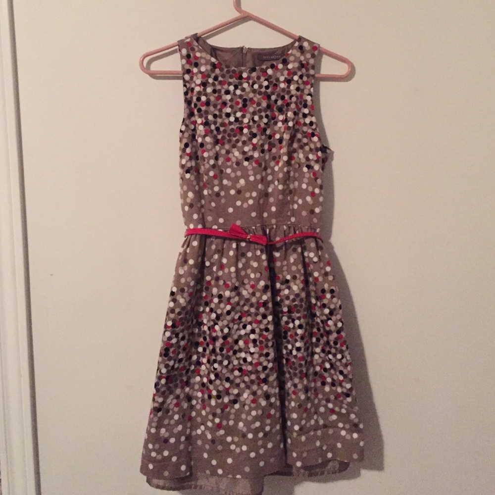 Black red white and tan dot dress w/ red bow belt