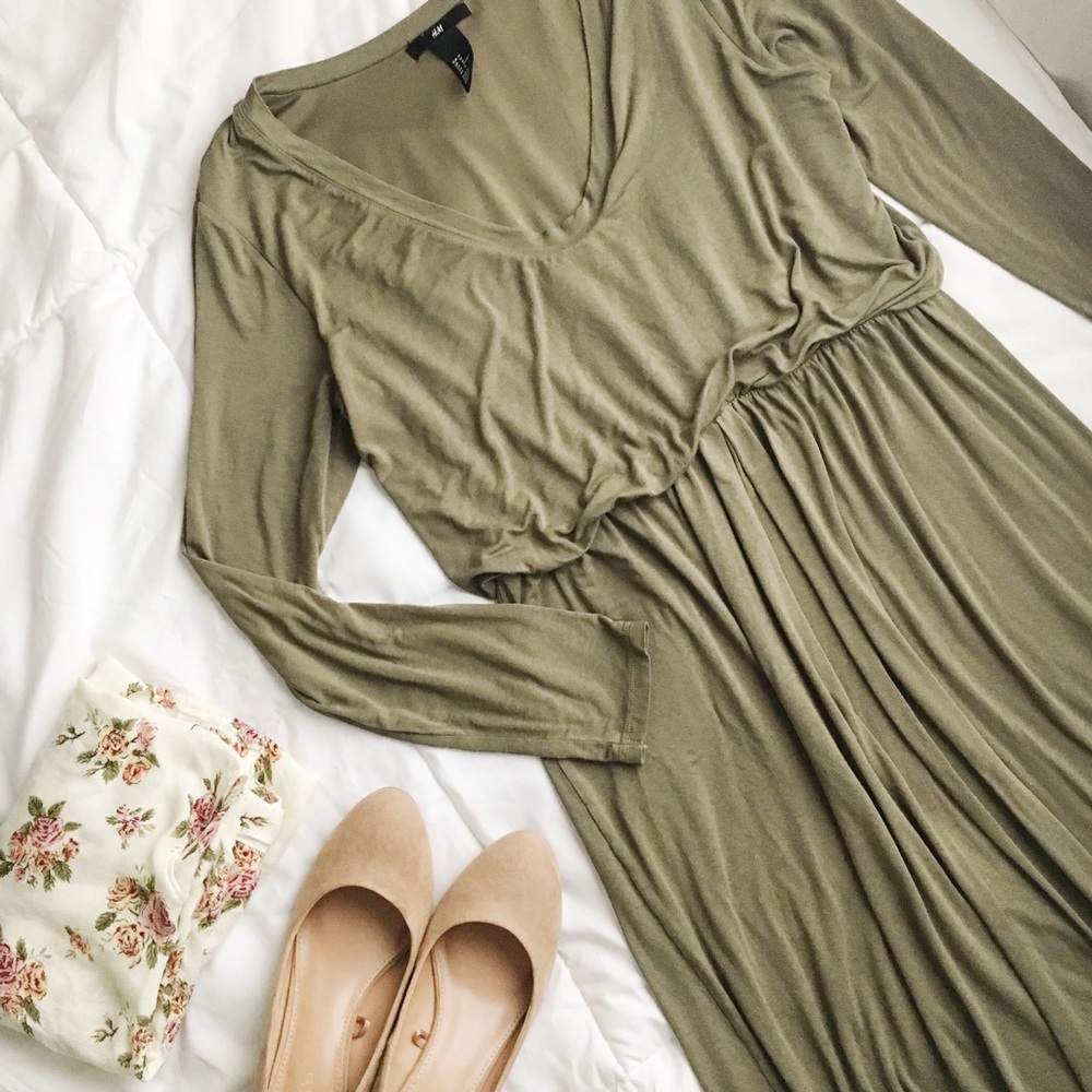 Olive jersey long-sleeve midi dress