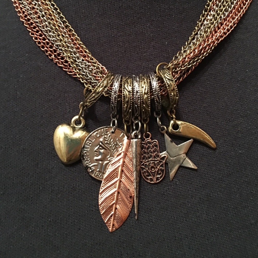 Gold, Silver, Copper Chain Necklace with Charms