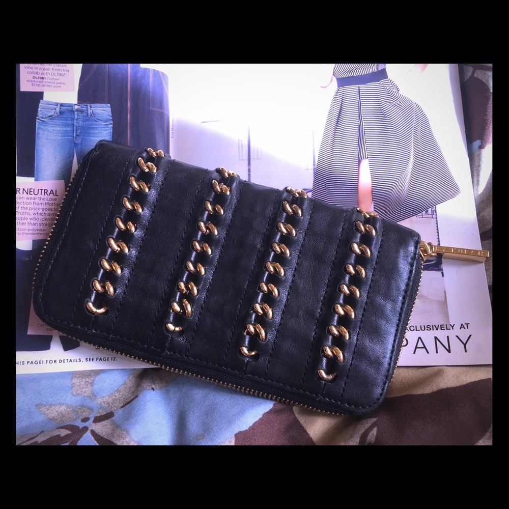 Tory Burch Black Leather Wallet with Gold Chains