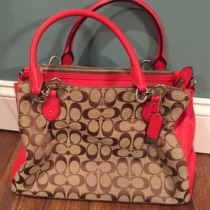 Brown tan and coral coach bag
