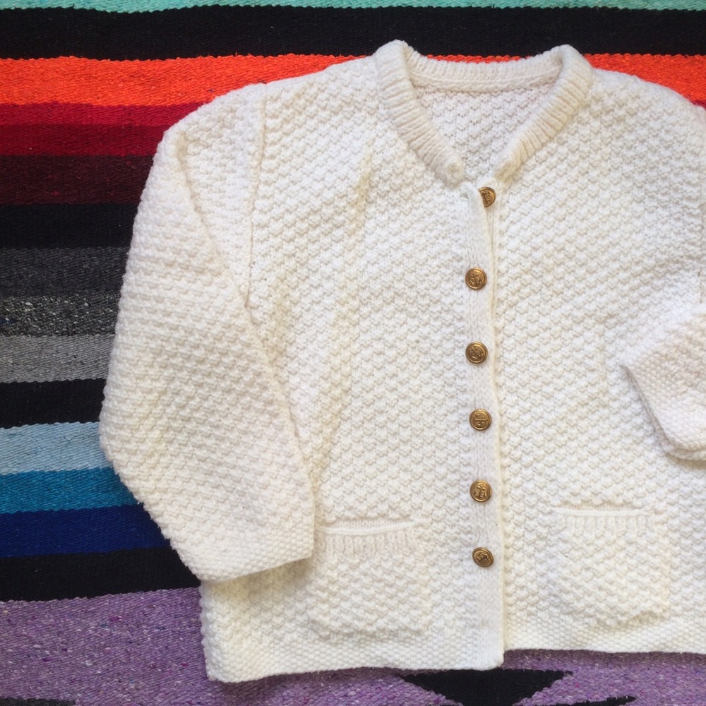 vintage hand-knit boxy white cardigan sweater
