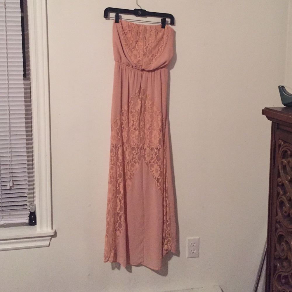 Strapless pink maxi dress w/lace