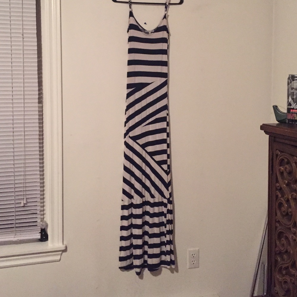 Blue and white striped maxi dress