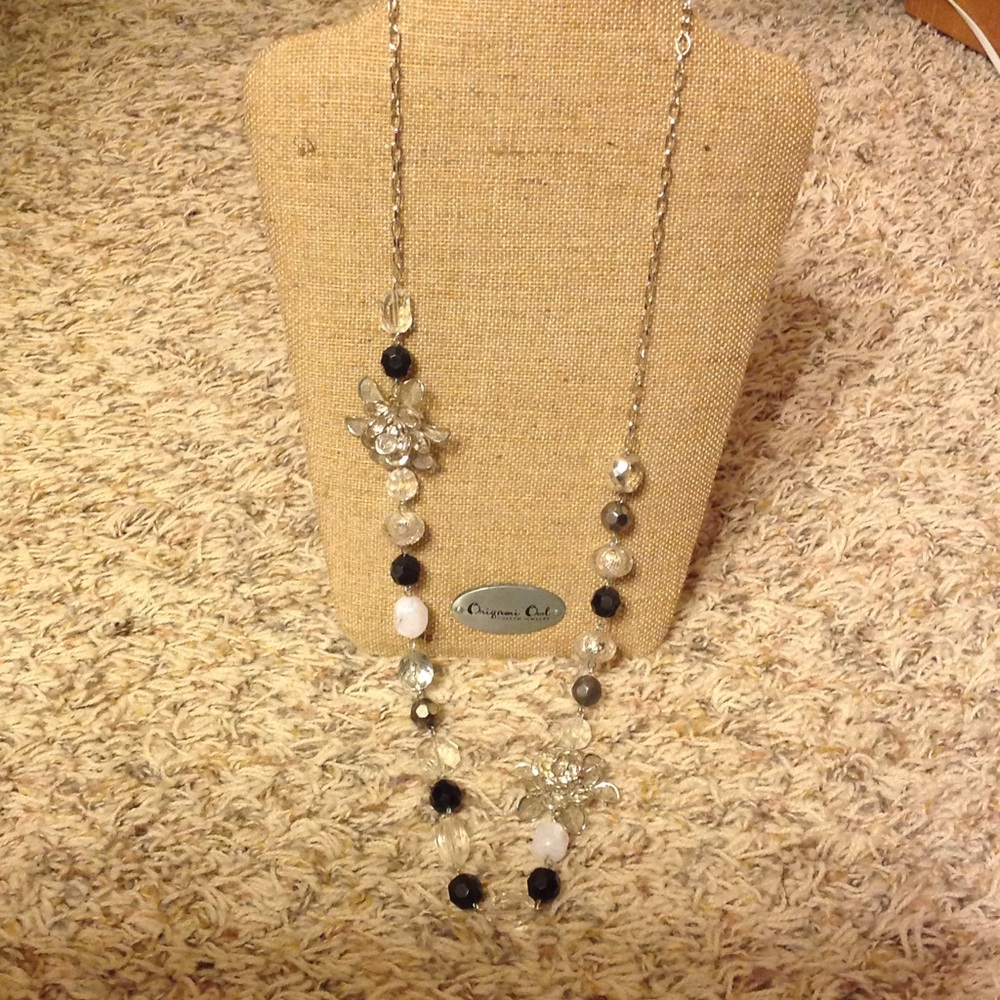Long black, white and crystal necklace - beautiful
