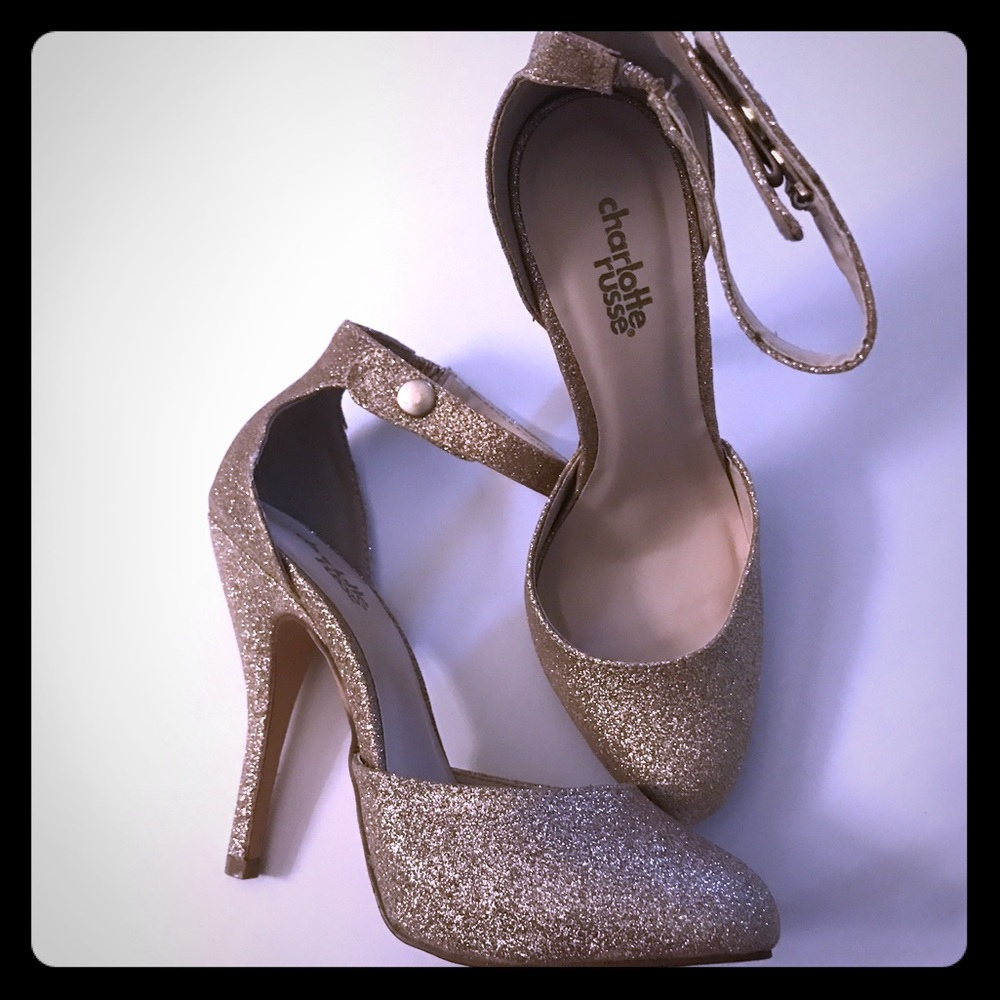 Charlotte Russe gold glitter ankle strap pumps