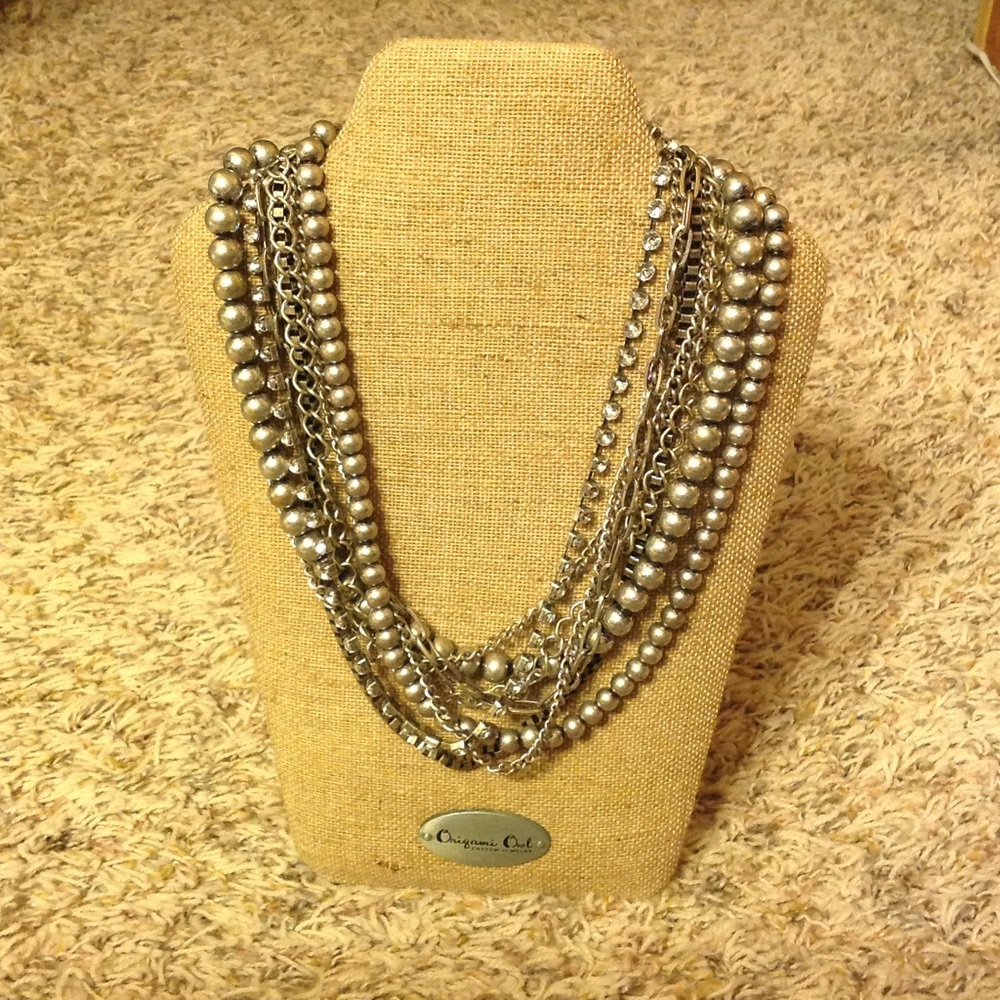 Multistrand silver necklace - silver crystal gray