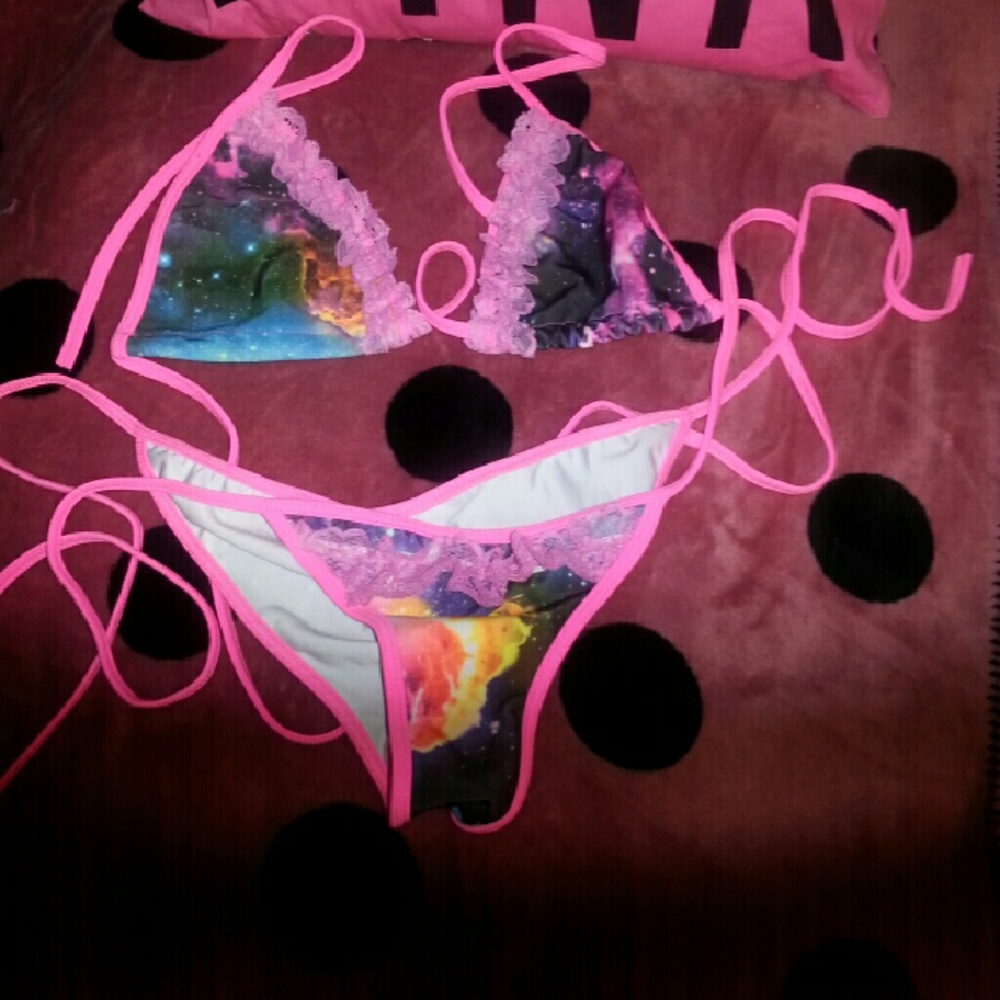 Pink lace galaxy ruched bikini!  Rave