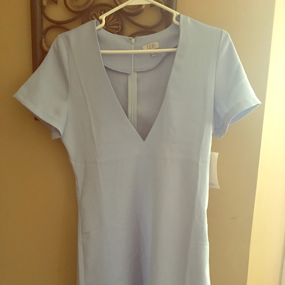 Tobi deep plunge baby blue mini dress