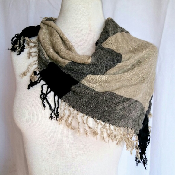 Vintage Accessories - BLACK & Tan Fringe Scarf Vintage Accessories - BLACK & Tan Fringe Scarf