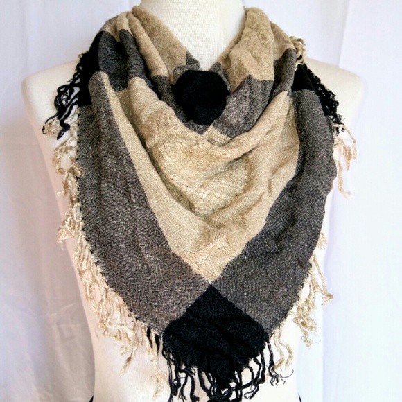 Vintage Accessories - BLACK & Tan Fringe Scarf Vintage Accessories - BLACK & Tan Fringe Scarf