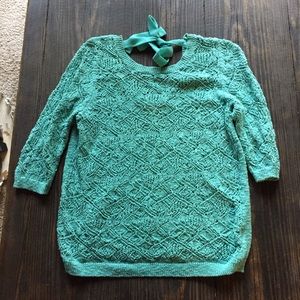 LC teal crochet bow sweater