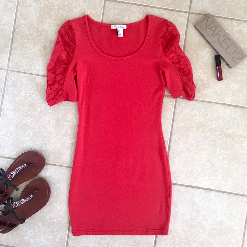 Red Dress w/ Lace Sleeve Detail