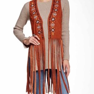 Faux Suede Fringe Vest with Aztec Embroidery